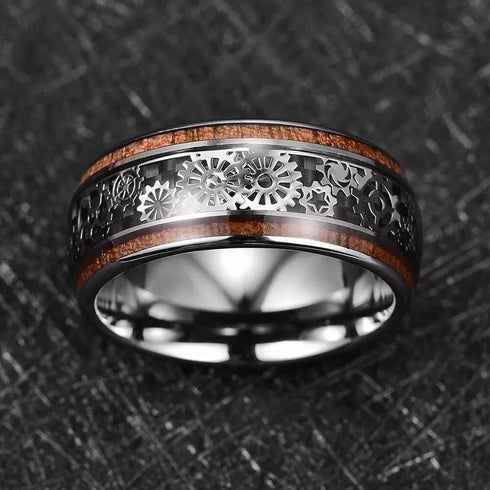 Men's 10mm Tungsten Clockwork Gears Koa Wood Inlay Engagement Wedding Band